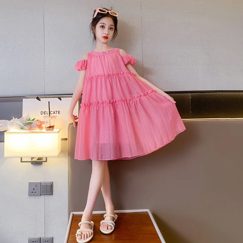 ZOETOP 2025 الكورية الصيف فتاة المدرسة فستان فتاة مراهقة قبالة الكتف فستان بحزام فتاة صغار لامعة الشاش فستان قطعة واحدة #3