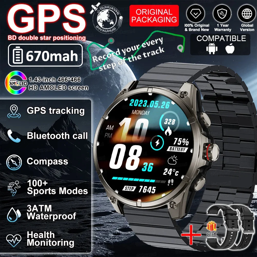 2026 GPS Smartwatch Outdoor Sports Waterproof Flashlight 1.43inch AMOLED Custom dial Call Compass Smart Watches For Android IOS