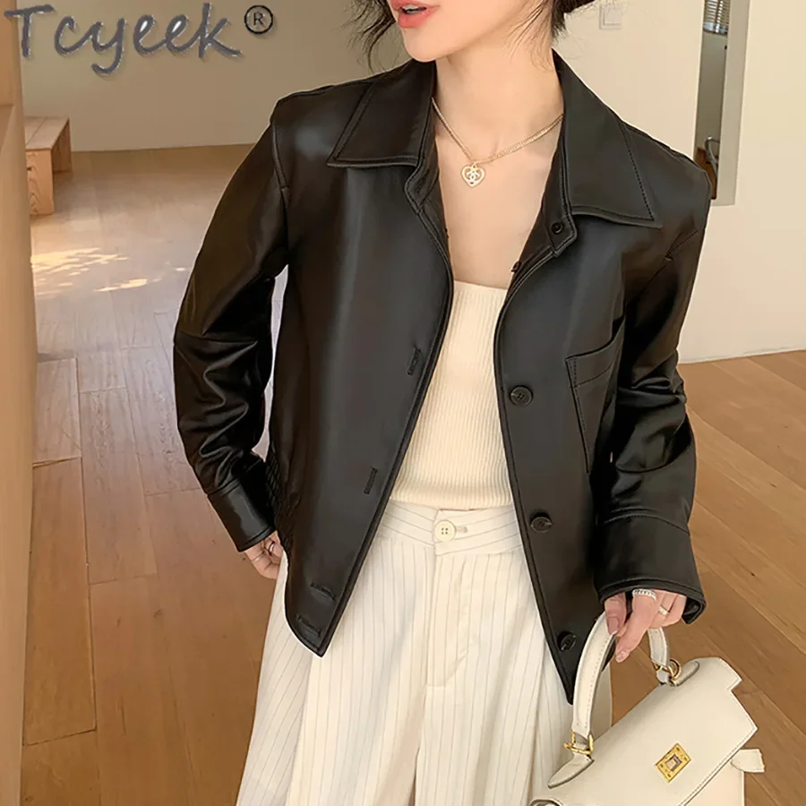 Tcyeek จริงหนังแจ็คเก็ตผู้หญิง 2024 แฟชั่น Sheepskin Coat ผู้หญิงสีดําแจ็คเก็ตหนังฤดูใบไม้ผลิฤดูใบไม้ร่วงเสื้อผ้า Jaqueta Couro