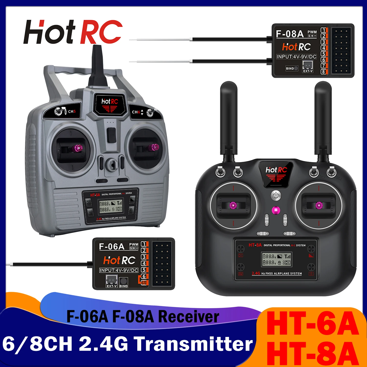 

HotRC 6CH 8CH 2.4G Transmitter HT-6A HT-8A Remote Control PWM with Receiver Radio System for RC Model Aircraft Vehicles Ship Toy