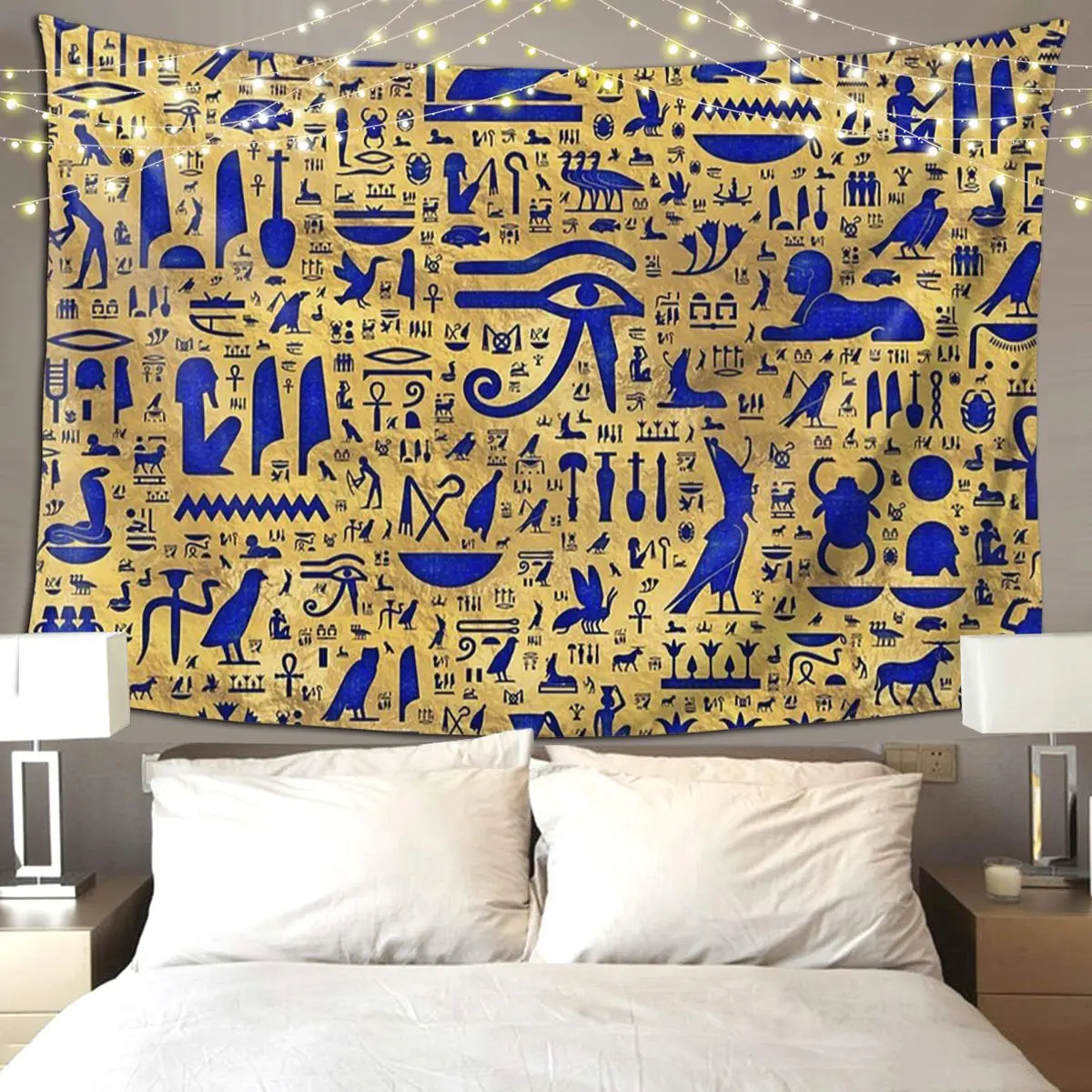 Egyptian Hieroglyphic Lapis Lazuli And Gold Tapestry Art Wall Hanging Aesthetic Home Decor Tapestries for Living Room Dorm Room