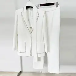 Luxury 2 Piece Sets Women Quality 2025 Spring Beading Blazers Wide Leg Pants Formal Occasions Suits Coats 2pcs Outfits Office