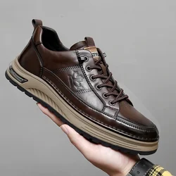 Genuine Leather MEN'S lace up casual sneakers new trendy chunky man vulcanized shoes comfy all-match male skateboard footwear