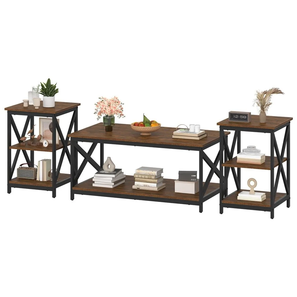 Living Room Coffee Table Set of 3 Industrial X Design Coffee Table and 2 End Side Tables 3 Piece Living Room Table Set