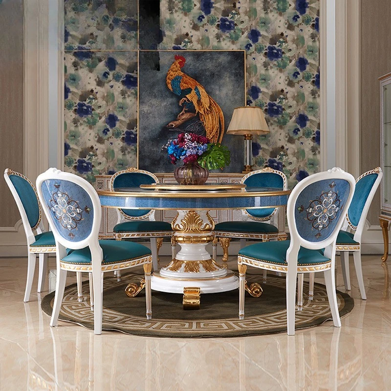 Italian French mahogany shell inlaid parquet with turntable blue dining table