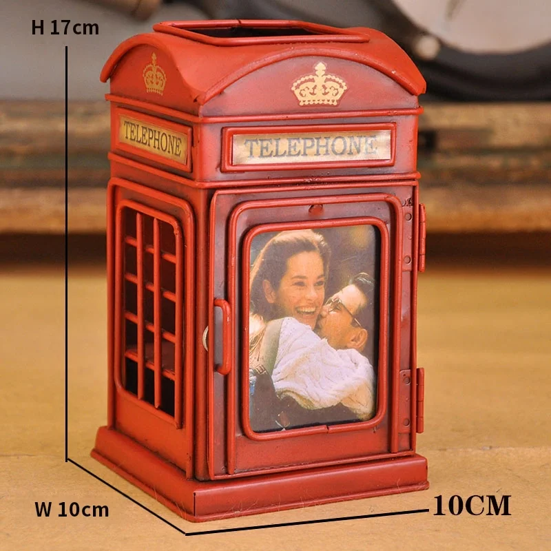 Retro iron desk organizer shaped like a classic British phone booth with handcrafted finish ideal for study spaces wine red hue