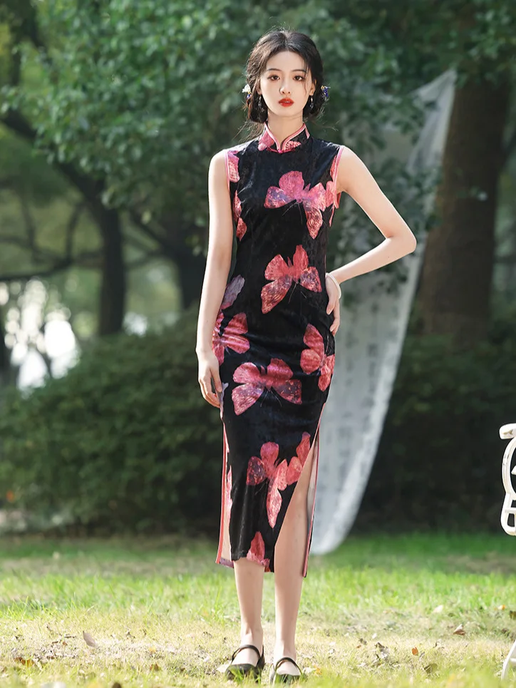 2024 New Product Improvement New Chinese Velvet Printed Qipao Daily Elegant Retro Slim Fit Elastic Sleeveless Qipao