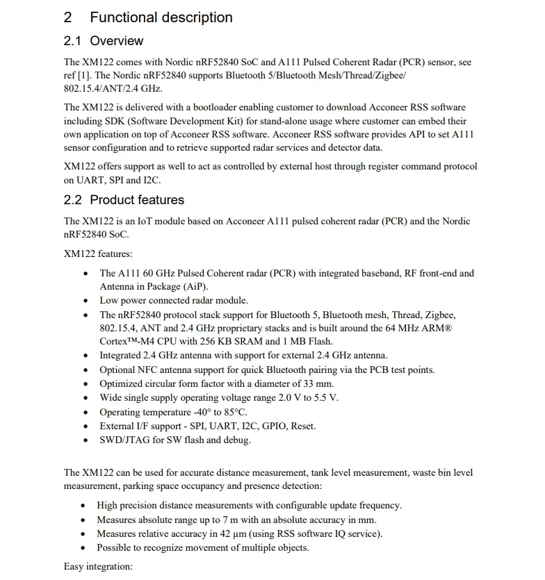 XM122 IoT Radar Module Distance Sensor Modules IoT Radar Sensor
