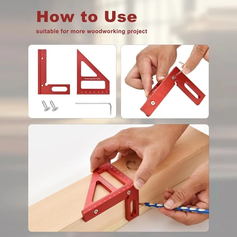 3D-Lineal mit mehreren Winkeln aus Aluminiumlegierung und rotem Gehrungsdreieck 45 ° /90 ° Messwerkzeuge für quadratische Winkelmesser-Layout für die Holzbearbeitung – Detail 3