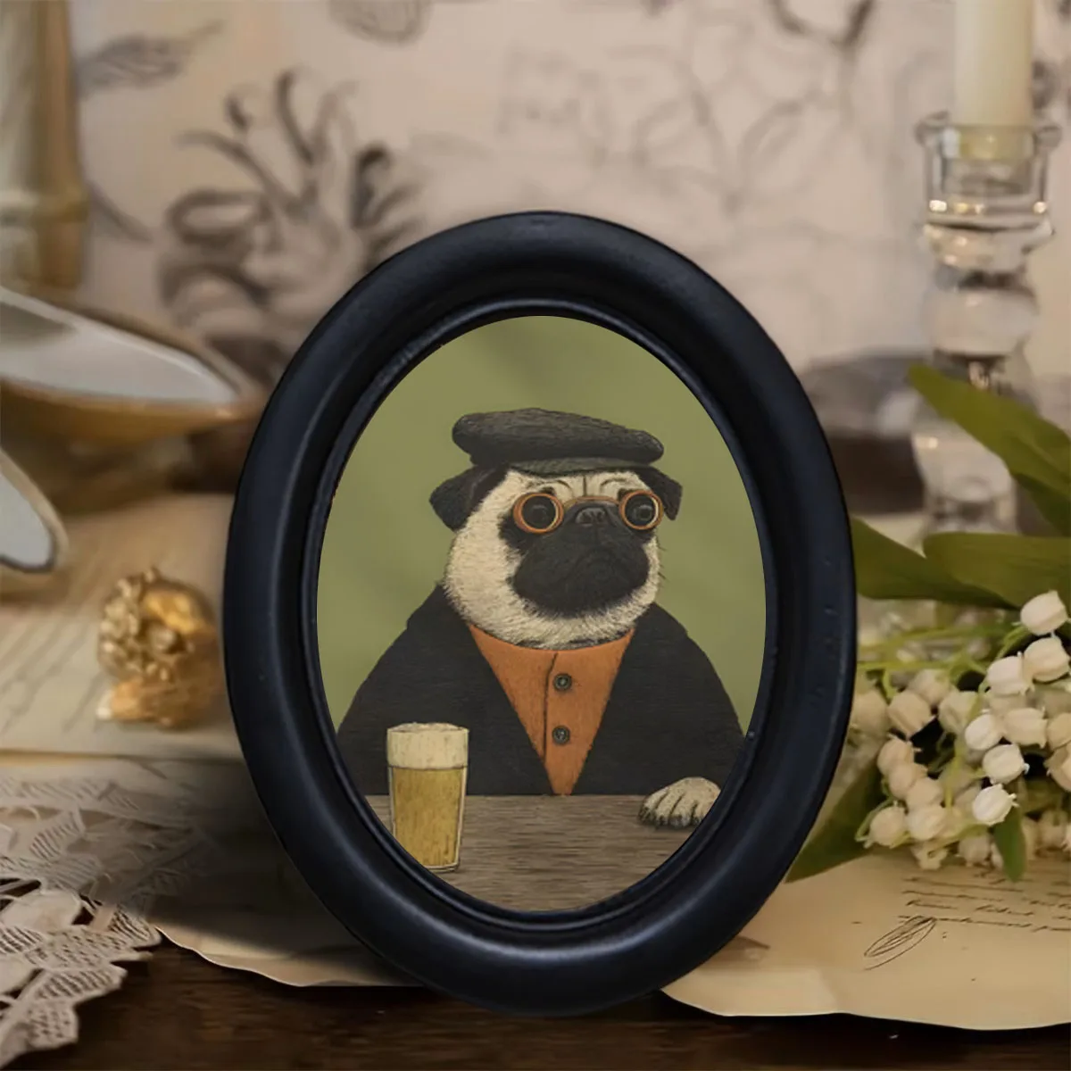 1 Piece of Vintage Beer-Drinking Pug-Style Wall Decor, Black Oval Frame Fun Wall Decoration, Gentleman Pug Wearing Glasses and Beret, Fun Bar Decor, Exclusive Gift for Dog Lovers