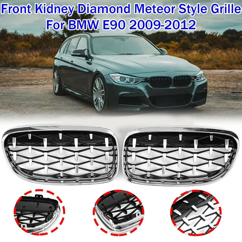 

New-2Pcs Car Front Bumper Hood Kidney Grille Diamond Meteor Racing Grill Painted Chrome For -BMW 3 Series E90 2009-2012