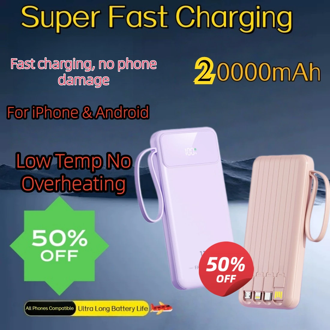 

20000mAh Built-in Cable Power Bank Portable Fast Charging Mobile Phone External Battery Powerbank For iPhone & Android
