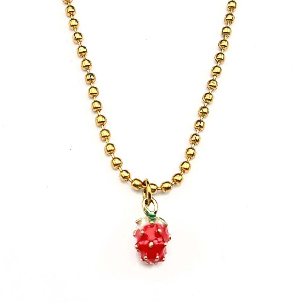 Kawaii Sommer-Beeren-Halsketten aus Edelstahl mit goldfarbener Kugelkette, Erdbeer-Himbeer-Frucht-Anhänger, Halsschmuck, Geschenke – Detail 7
