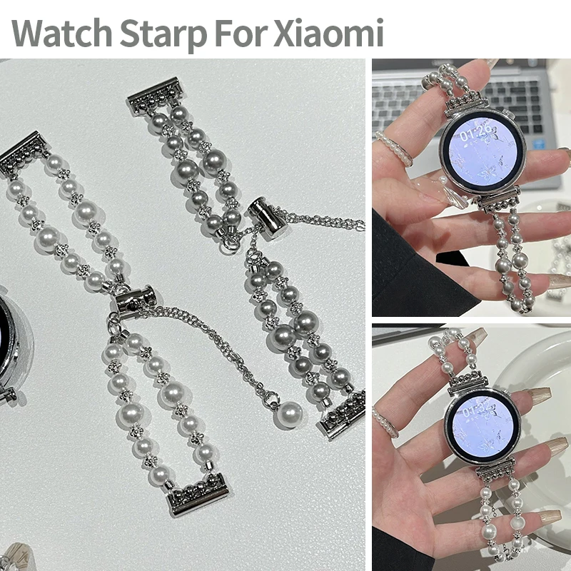 Double Layer Pearl Chain Strap For Mi Band 10 9 8 8Pro 9Pro Elegant Metal Bracelet for Redmi Watch 4 5 6 Replacement Wristband