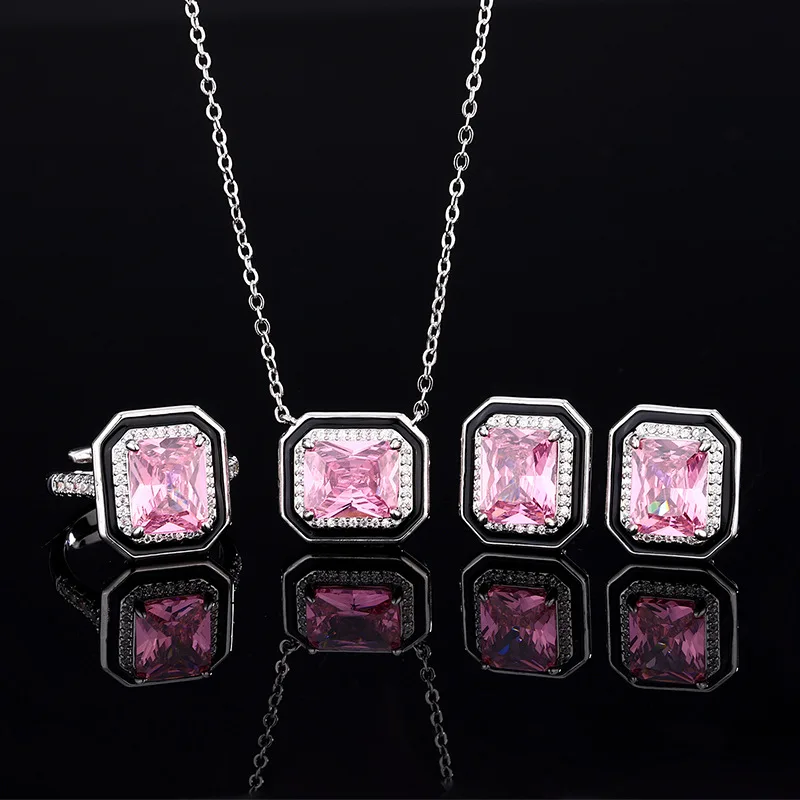 

Jewelry Set European and American Retro Fashion Ring for Women with Colorful Gemstones, Square Stud Earrings, Pink Zircon Neckla