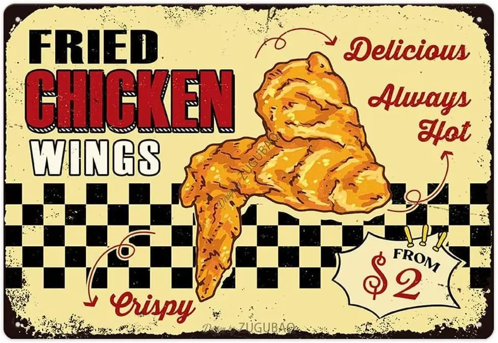 Htgerst Fried Chicken Wings Tin Signs Vintage Metal Sign Funny Food Art Printing Poster Wall Decor for Home Kitchen Bar Restaura