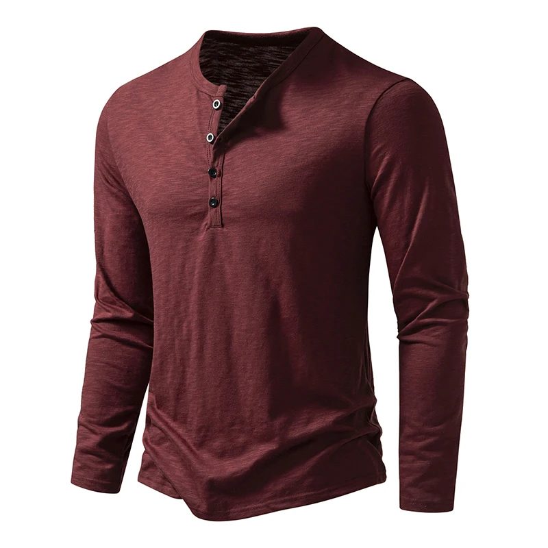 

Men's Autumn T-Shirts Casual O Neck Long Sleeve Top Tees Fashion Button Henry Collar Daily Solid Color Tee Hip Hop Streetwears