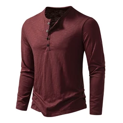Men's Autumn T-Shirts Casual O Neck Long Sleeve Top Tees Fashion Button Henry Collar Daily Solid Color Tee Hip Hop Streetwears
