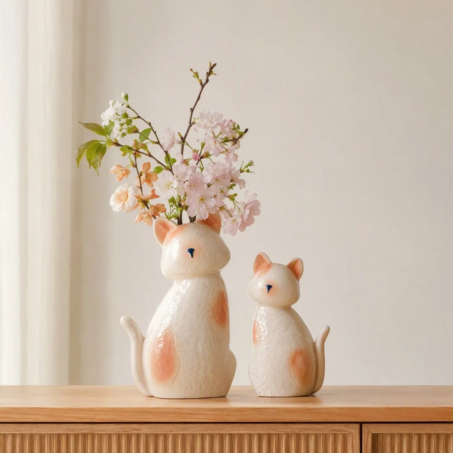 Cute Orange Spot Cat Ceramic Vase, Sitting Kitten Shape Flower Vase, Animal Figurine Decor for Entryway Bar Table Home