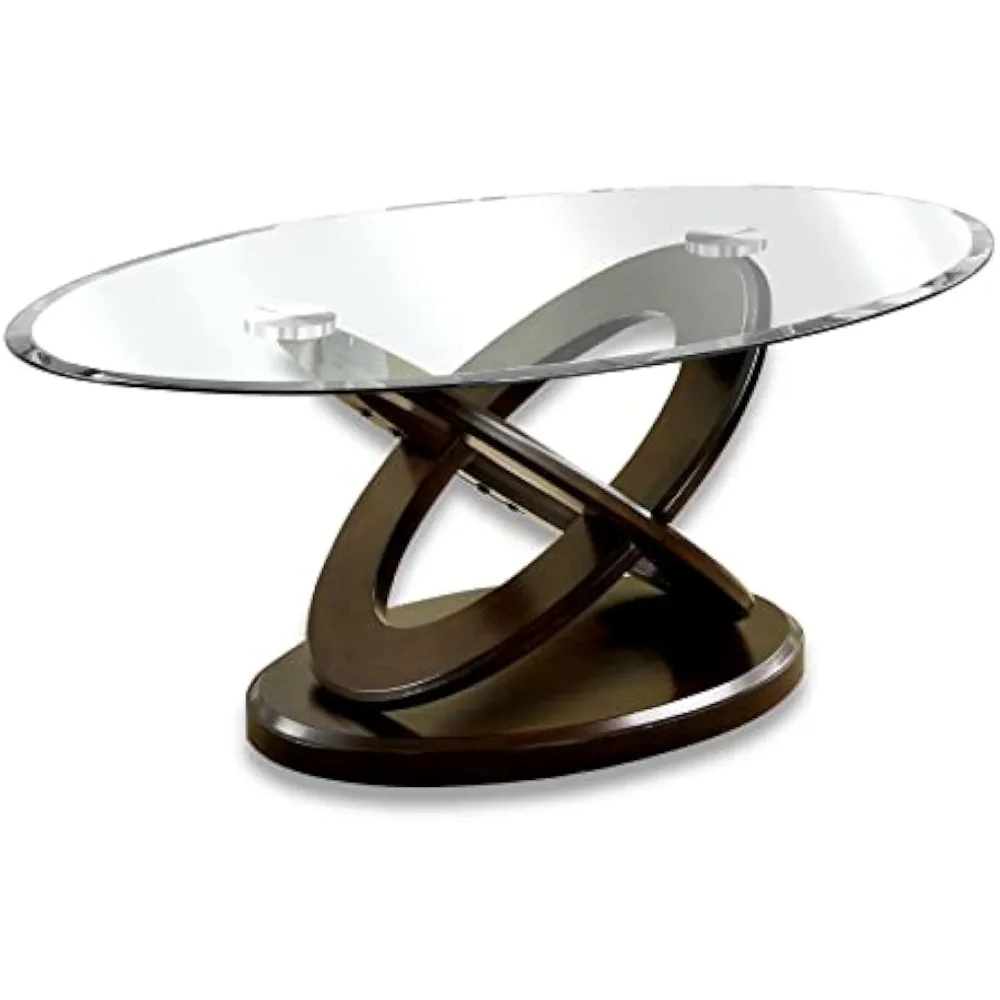 Xenda Modern Oval Glass Top Table with X-Shaped Base for Living Room, Bedroom, Home Office, 48 in, Dark Walnut Brown