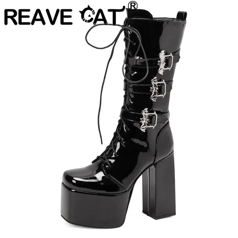 

REAVE CAT Ladies Goth Boots Square Toe Block Super High Heel 14.5cm Platform Hill 7.5cm Zipper Lace Up Big Size 44 45 46 Street