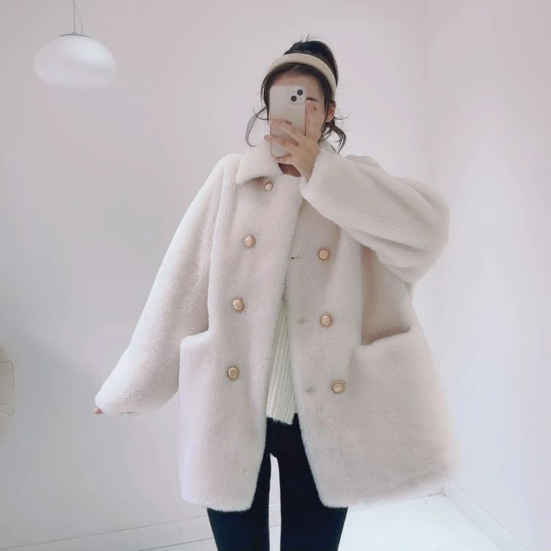 2023 New Women Winter Autumn Winter Outwear Sheep Sheared Wool Fur Jacket Double Breasted  Fur Coat Length Fleece Fur Overcoat