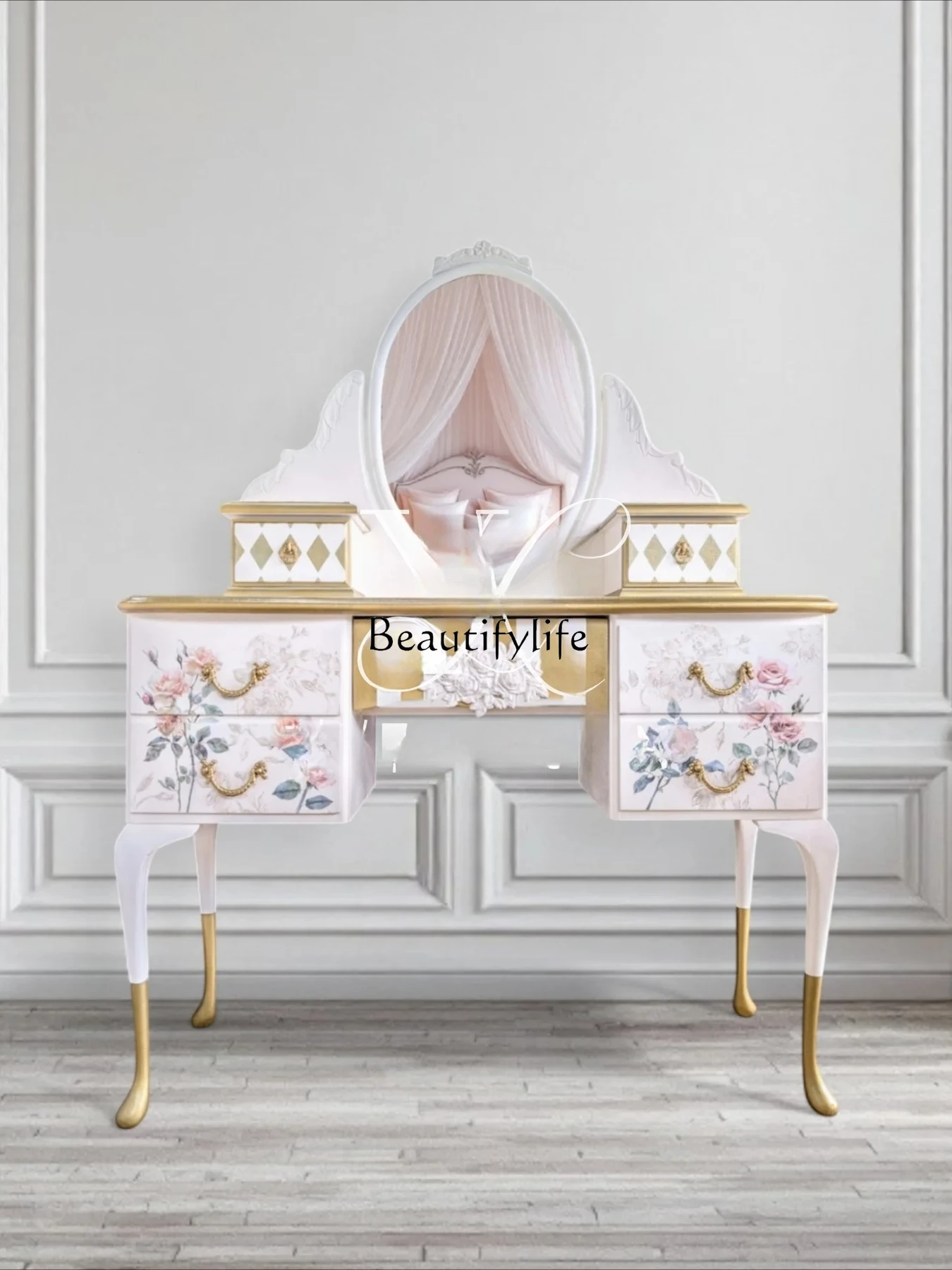 

French Style Solid Wood Hand-Painted Dressing Table American Modern Bedroom Pastoral Style Painted Makeup Table