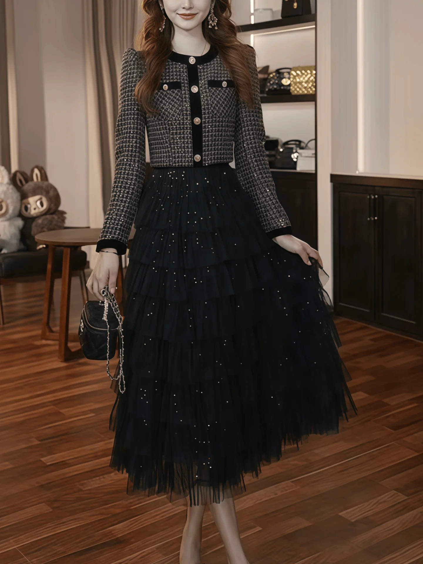 

Fashionable A-Line Black Dress Elegant High Waist round Neck Gown for Performances And Parties Versatile Alluring Chinese Style