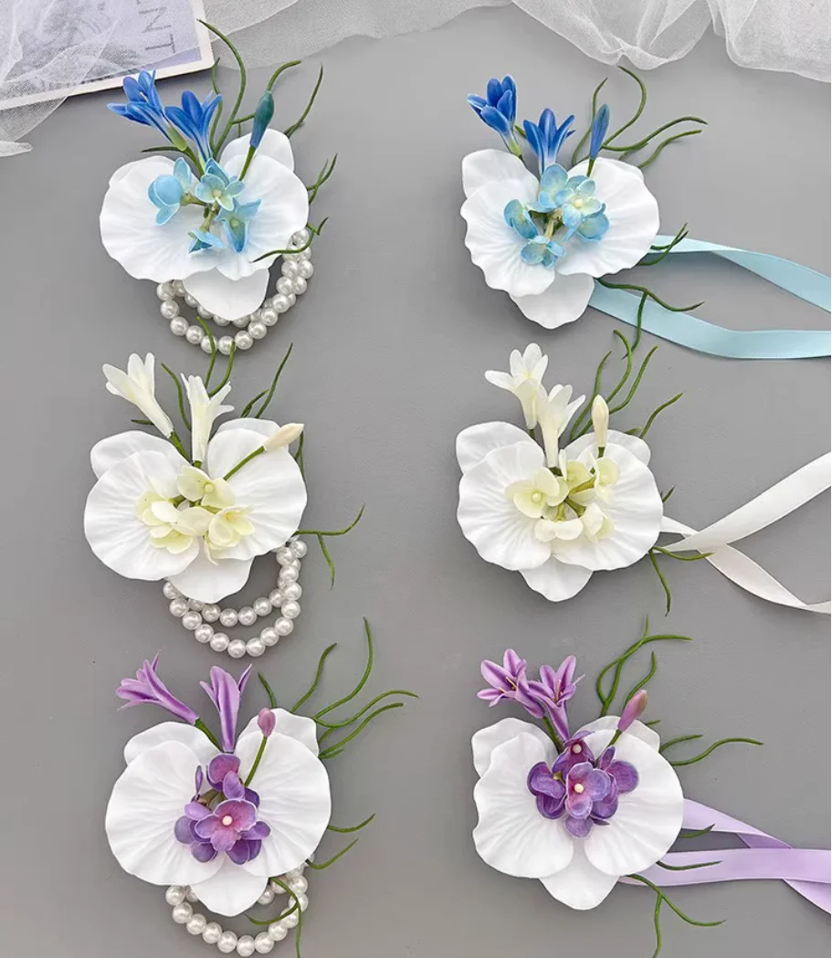 Original forest simulation Phalaenopsis bride bridesmaid sisters unity wedding photo props Pearl chain wrist flower.