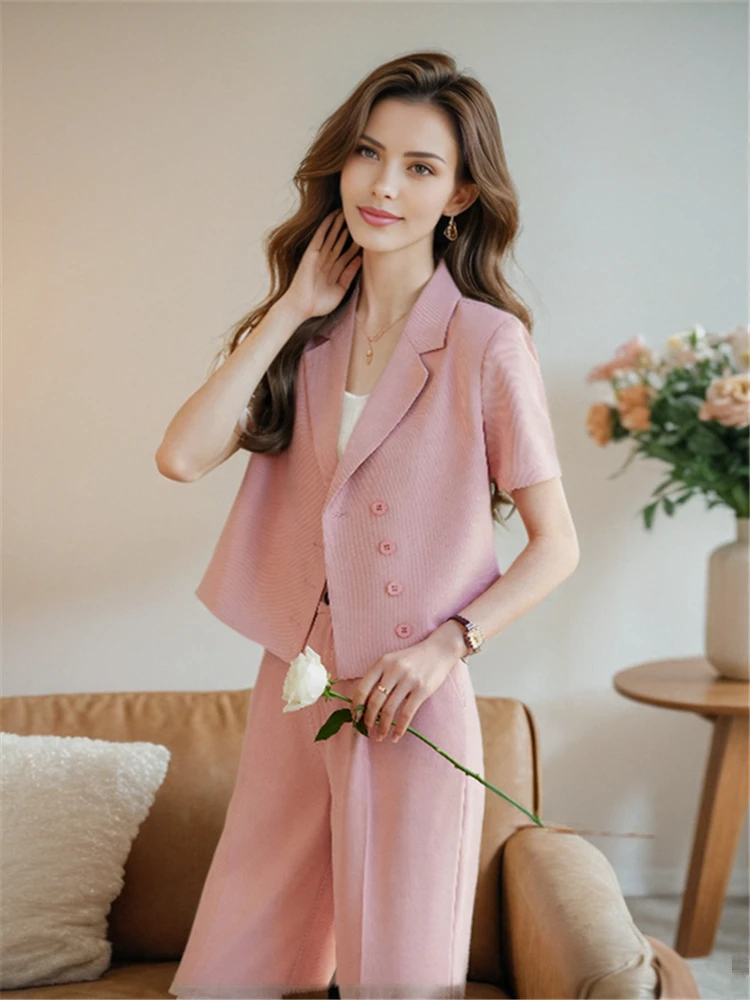 Women Casual Jacket Blazer 2 Piece Sets Office Lady 2024 Summer Short Sleeve Blazer and High Waist Wide Leg Long Pants Suits Set