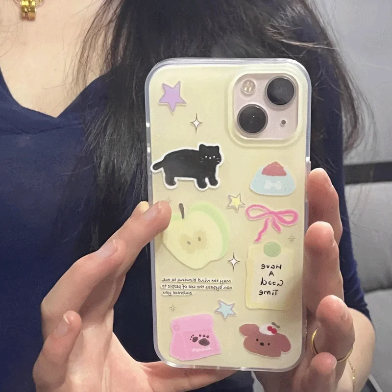 Green Apple Kitten Phone Case For iPhone 16 Pro Max 15 14 13 12 11 Xr Xs Max 7 8 Plus Cute Bowknot Little Bear Y2K Phone Cases