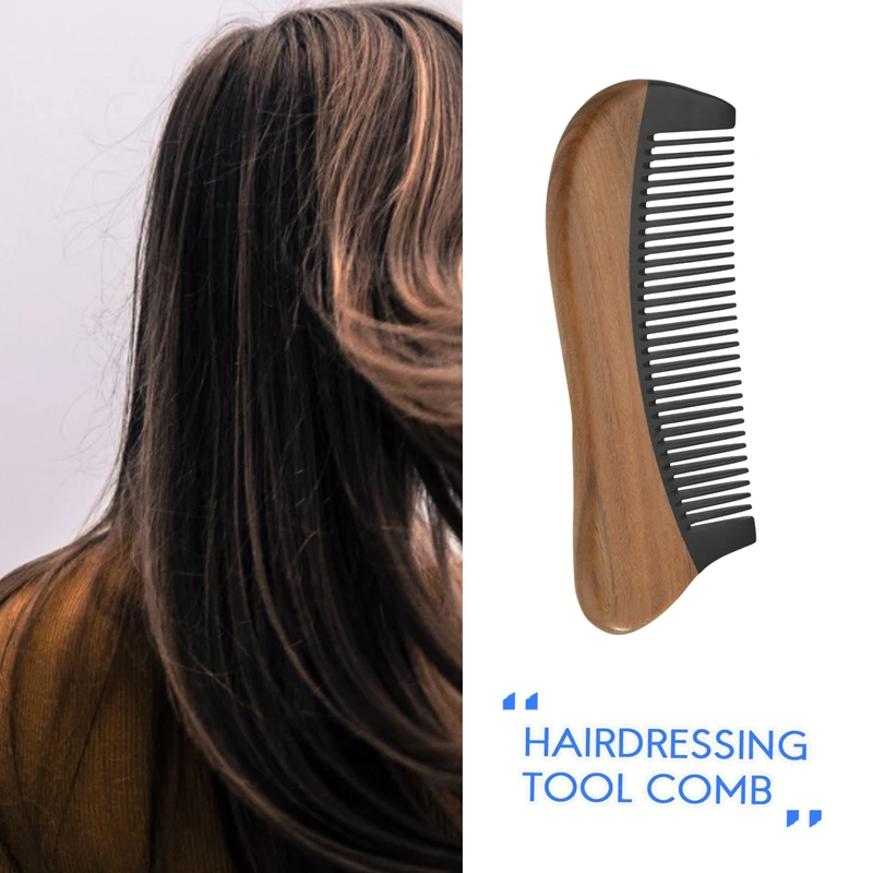 Natural Green Sandalwood Hair Comb - No Static Wooden Fine Tooth Black Buffalo Horn Comb (Green Sandalwood)