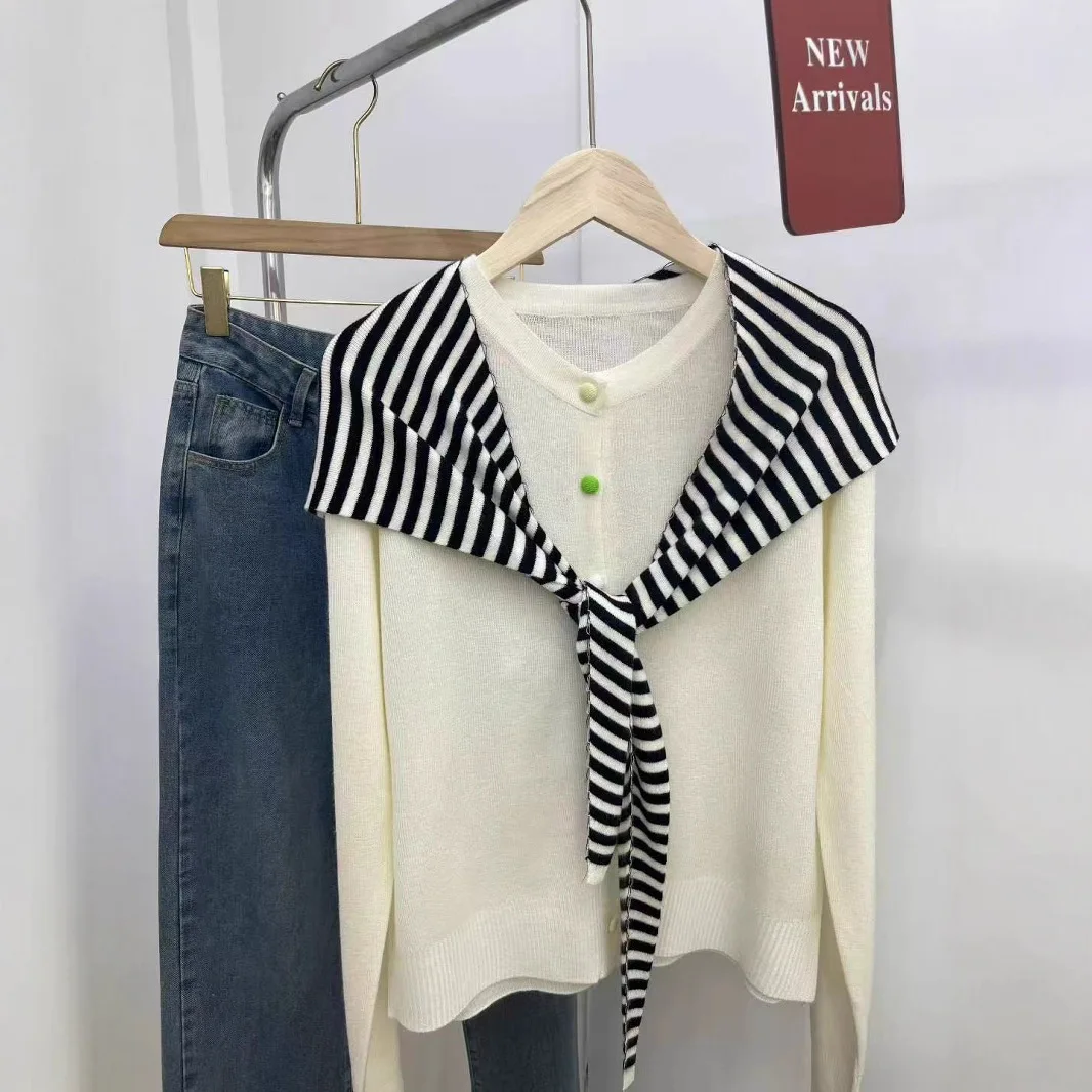 

Women Thin Knitted Cardigan with Striped Shawl Spring Autumn Single Breasted Design Sweet College Style New Soft Knit Sweater