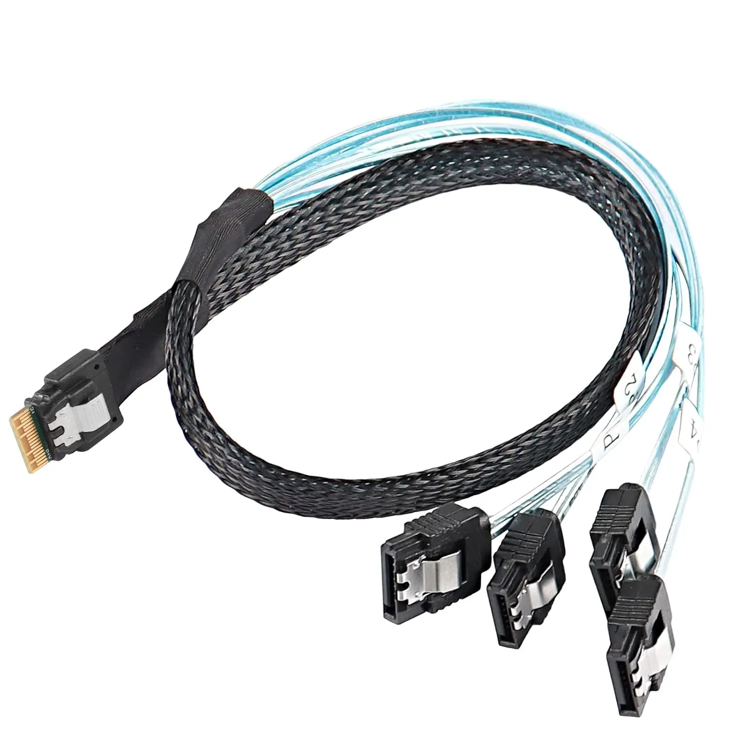 JavicTech cablecc Slim Line SAS 4.0 SFF-8654 4i 38pin Host to 4 SATA 7pin Target Hard Disk Fanout Raid Cable
