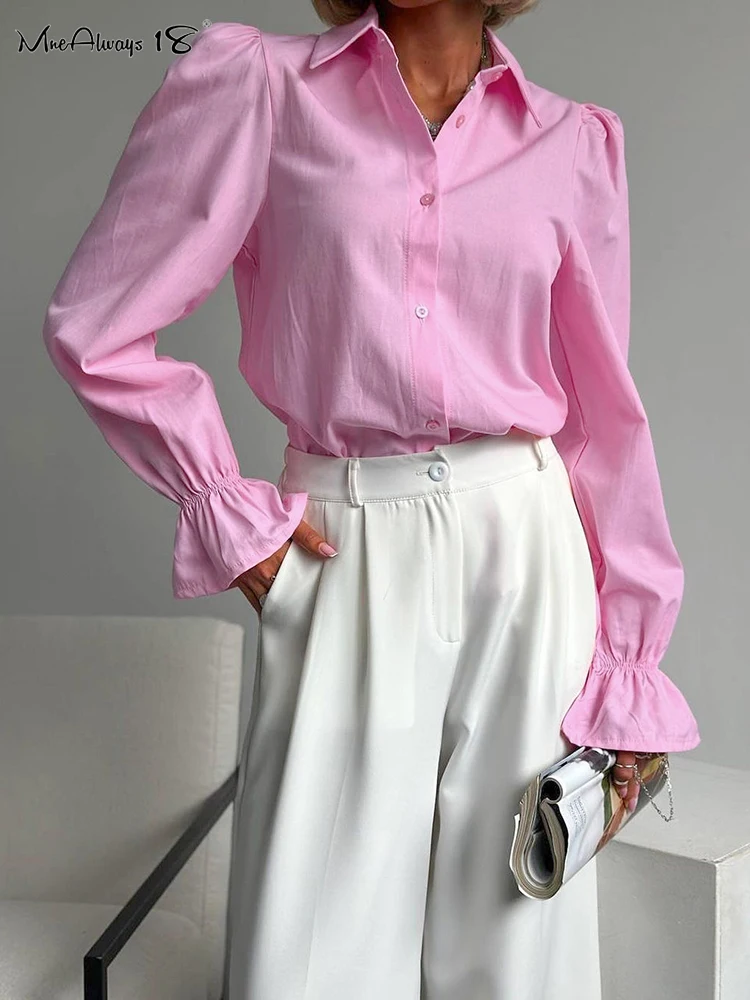 Mnealways18 Blue Classic Lapel Shirts Autumn 2024 Flare Sleeves Women Button Blouses And Tops Office Ladies Ruched Pink Autumn