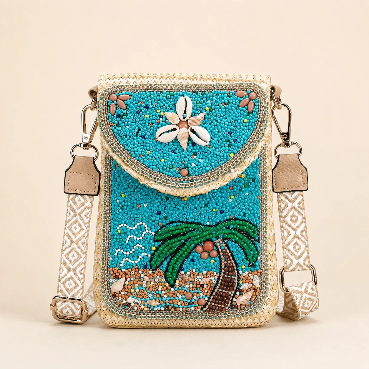 Beaded Straw Crossbody Bag for Women Palm Tree Shell Decor Boho Mini Purse Adjustable Detachable Strap Summer Vacation Bag
