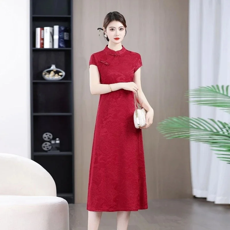 Womens Cheongsam Style Midi Dress Short Sleeve Traditional Chinese Dress