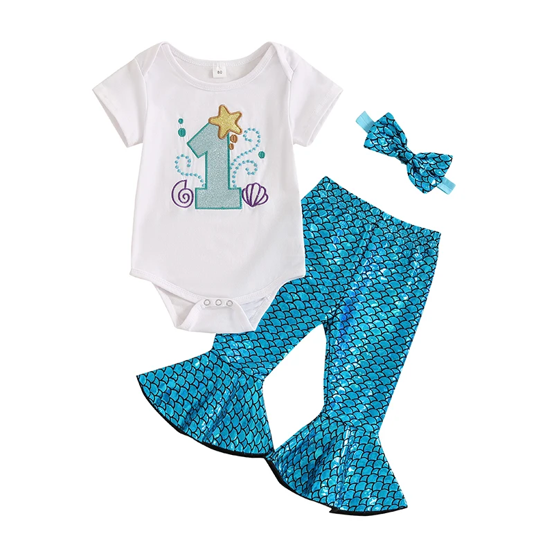 

Baby Girl 1st Birthday Outfit Mermaid 3Pcs Short Sleeve Romper and Bell Bottom Flared Pants Headband Sets