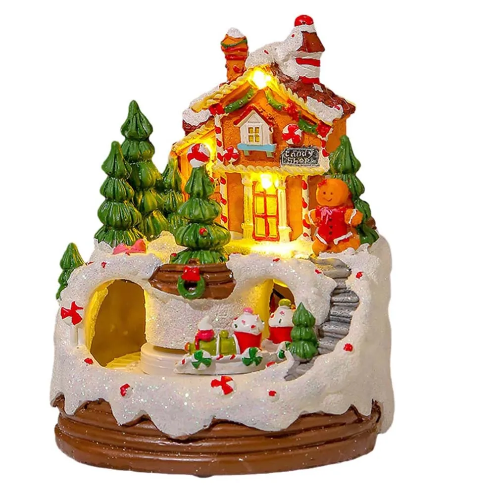 Illuminated Christmas Gingerbread Village House With Train LED Light Music Building Figurine Home Tabletop Decor Holiday Display