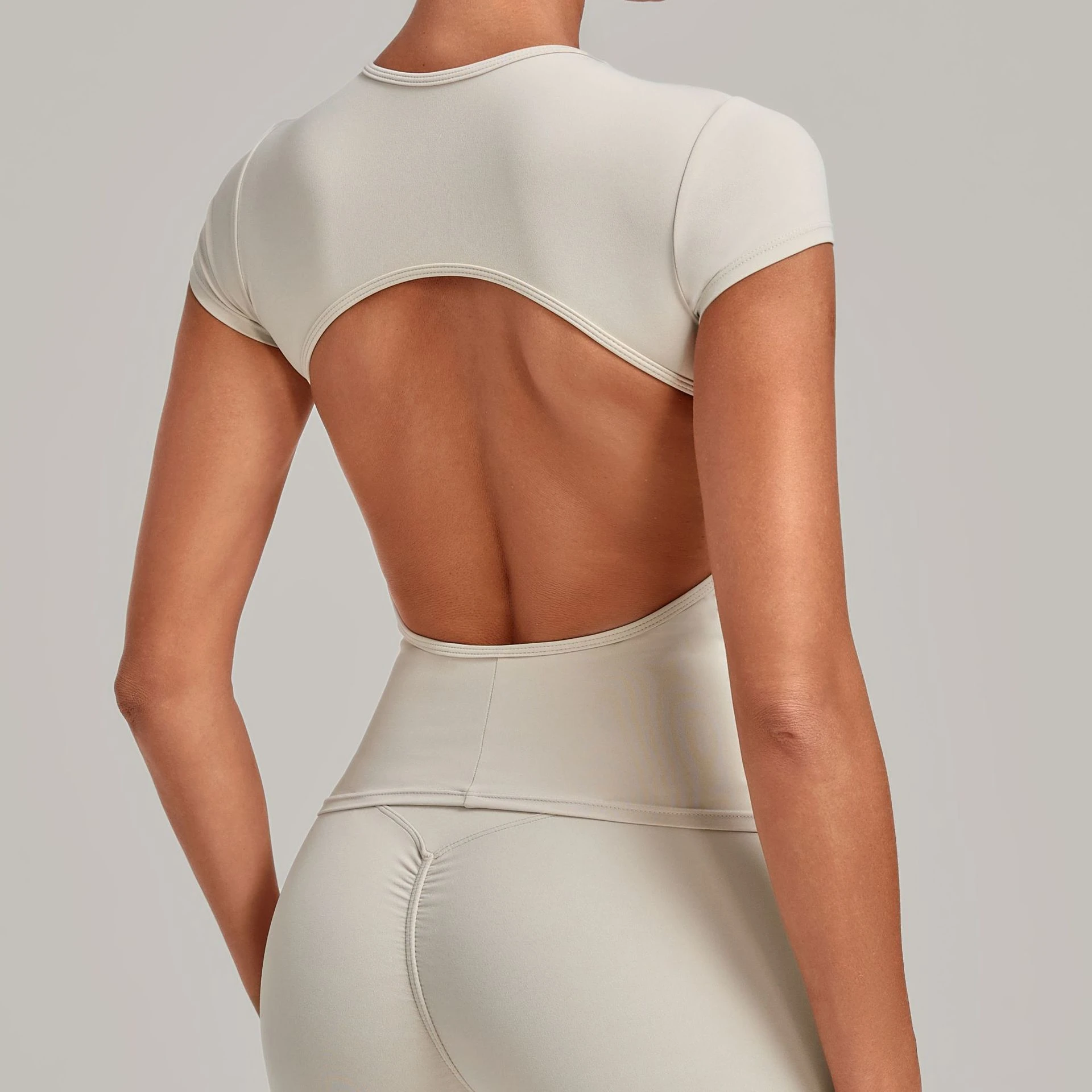 Women Sport T Shirt Summer Backless Yoga Short Sleeve Fitted Slim-Fitting Quick-Dry Casual Sport Fitness Pilates Training T-Shir