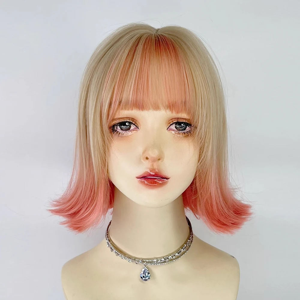 Ombre blond różowy Gradient krótkie proste peruki z grzywką syntetyczne Lolita Cosplay naturalne włosy peruka na codzienną imprezę