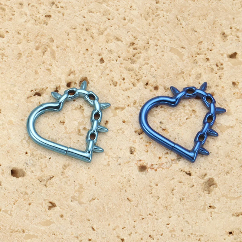 ASTM F136 Titanium Spikes Heart Hinged Segment Clicker Piercing Nose Ring Punk Rock Helix Lobe Earrings New Anodizing Perforate