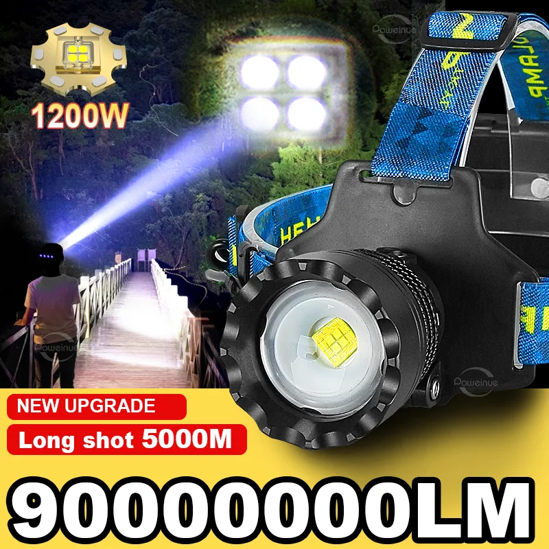 Strong Light LED Headlight 90000000LM Powerful Headlamp Long Shot 5000M Rechargeable Lamp With Power Display for Outdoor Riding