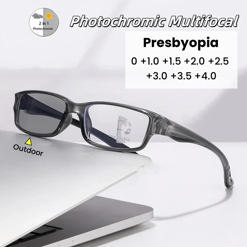 Sportliche photochrome Lesebrille für Damen und Herren, Vintage-Farbwechsel, progressive multifokale Presbyopie-Brille – Detail 2