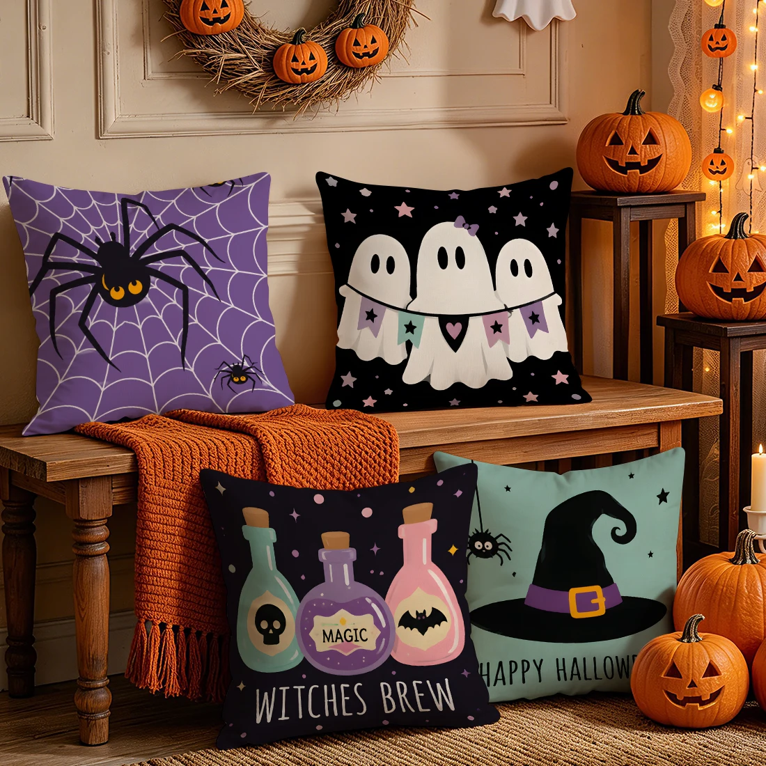 Cute Halloween Pillowcase Printed Polyester 40/45/50cm Throw Pillowcover Decorative Sofa Cushion Pillowslip Home Decor