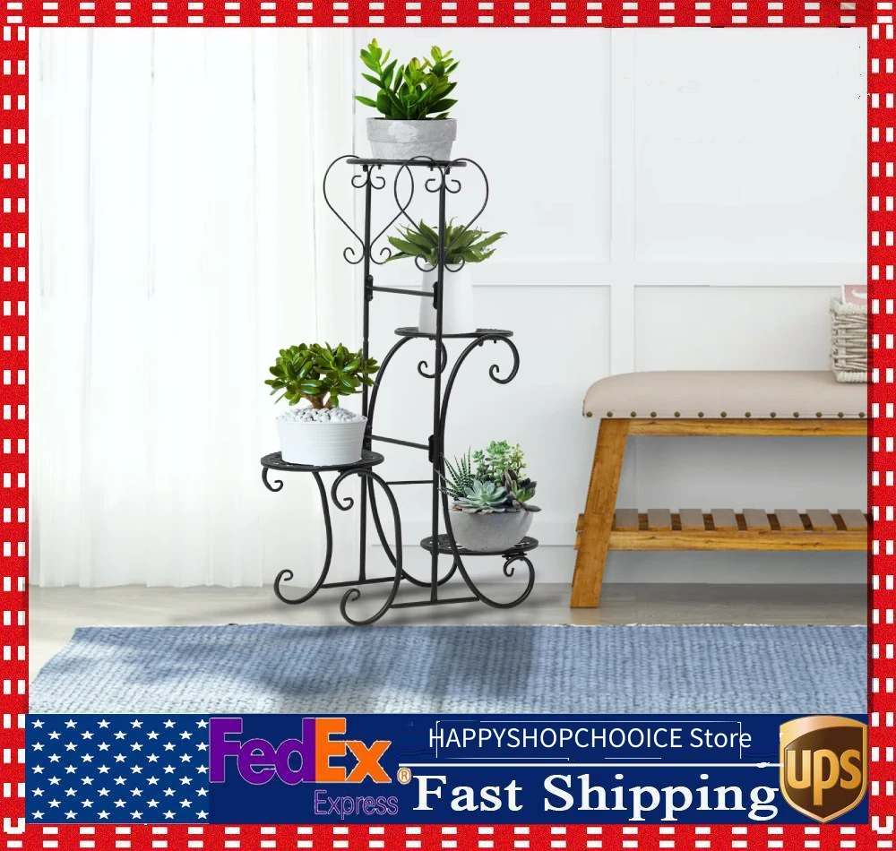 حامل نباتي مكون من 4 طبقات، قدرة تحمل عالية، خيارات عرض متعددة الاستخدامات، حامل أرضية حديدي موفر للمساحة باللون الأسود #1