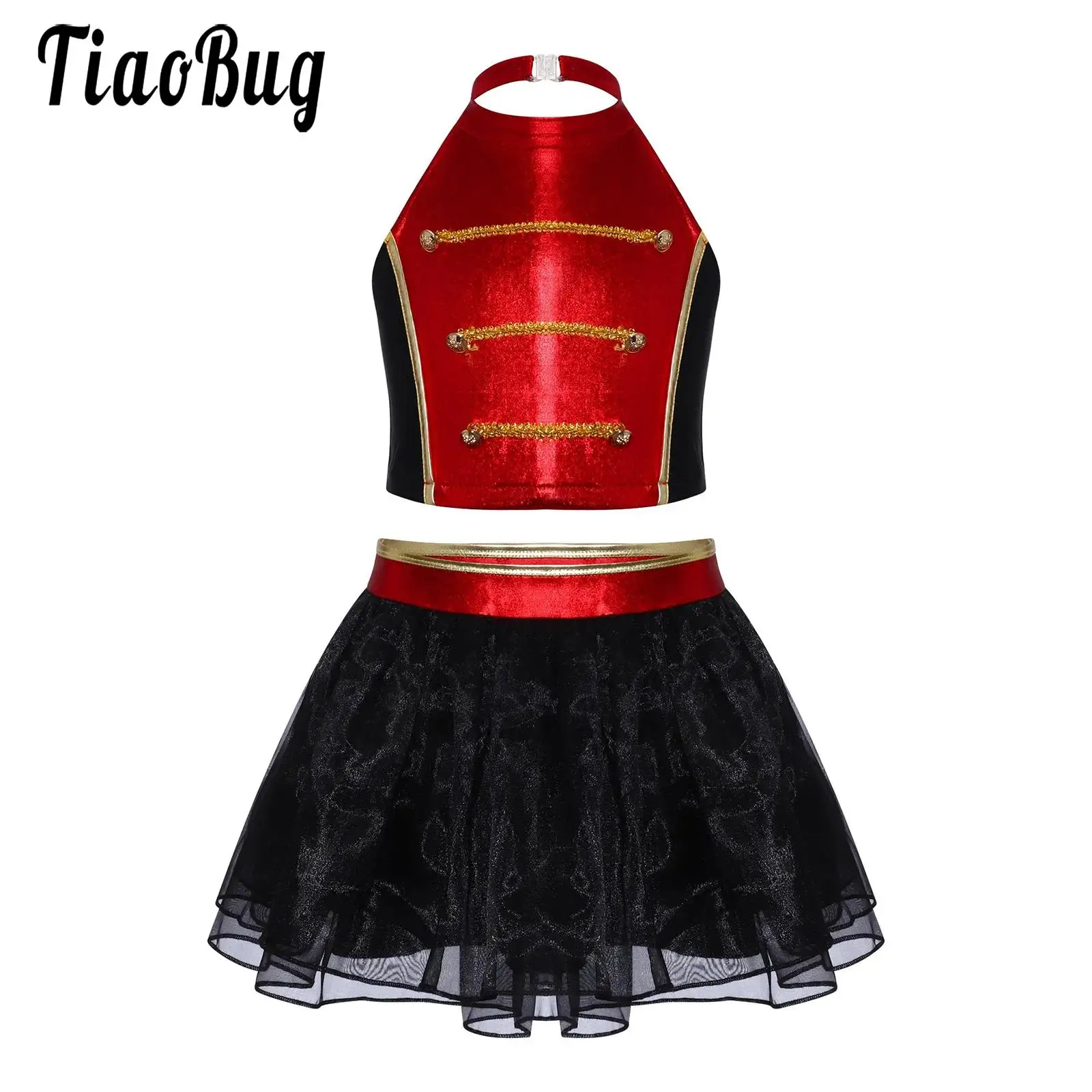 

Kid Girls Drum Major Team Uniform Circus Ringmaster Costume Outfits Set March Band Vest and Tutu Skirts Halloween Carnival Party