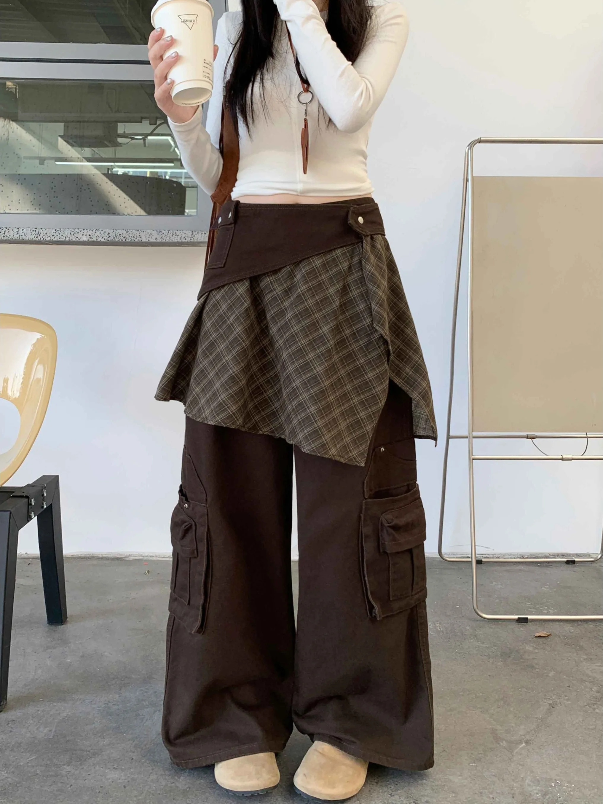 

plus Size Women's Vintage Plaid Workwear Jeans Loose Wide Leg Long Pants Autumn Winter New Style High Waist Commute Style