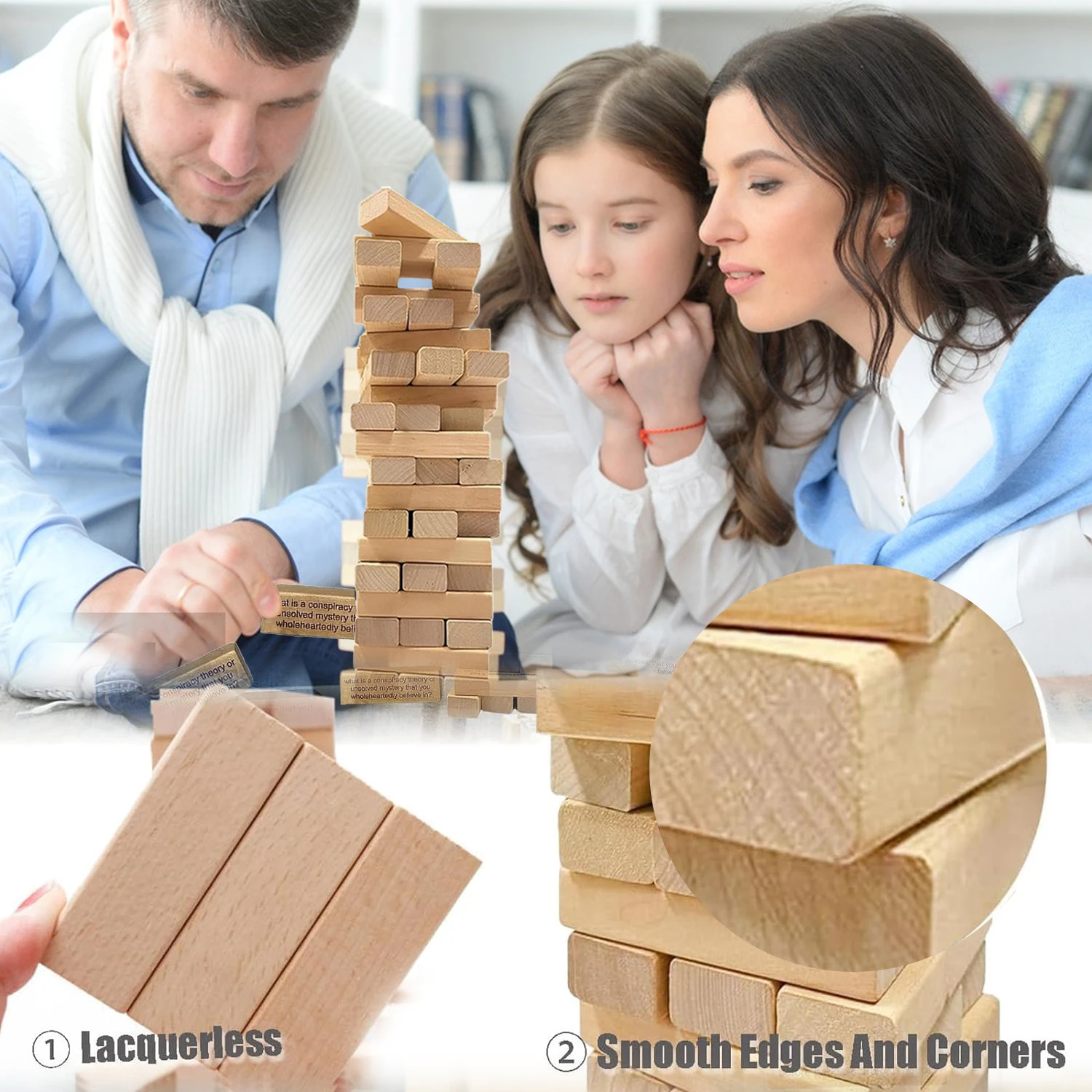 54PCS Questions Tumbling Tower Game Ice Breaker Questions Tumbling Tower Wooden Develop Social Skills Stacking Wooden Block Game