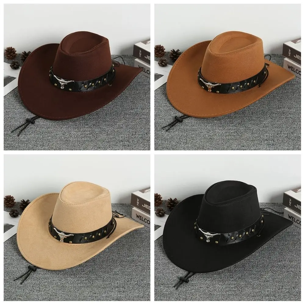 Vintage Ethnic Style Western Cowboy Hat Wide Brim Roll Brim Cowgirl Jazz Hat Solid Color Cow Head Visor Caps Sun Protection